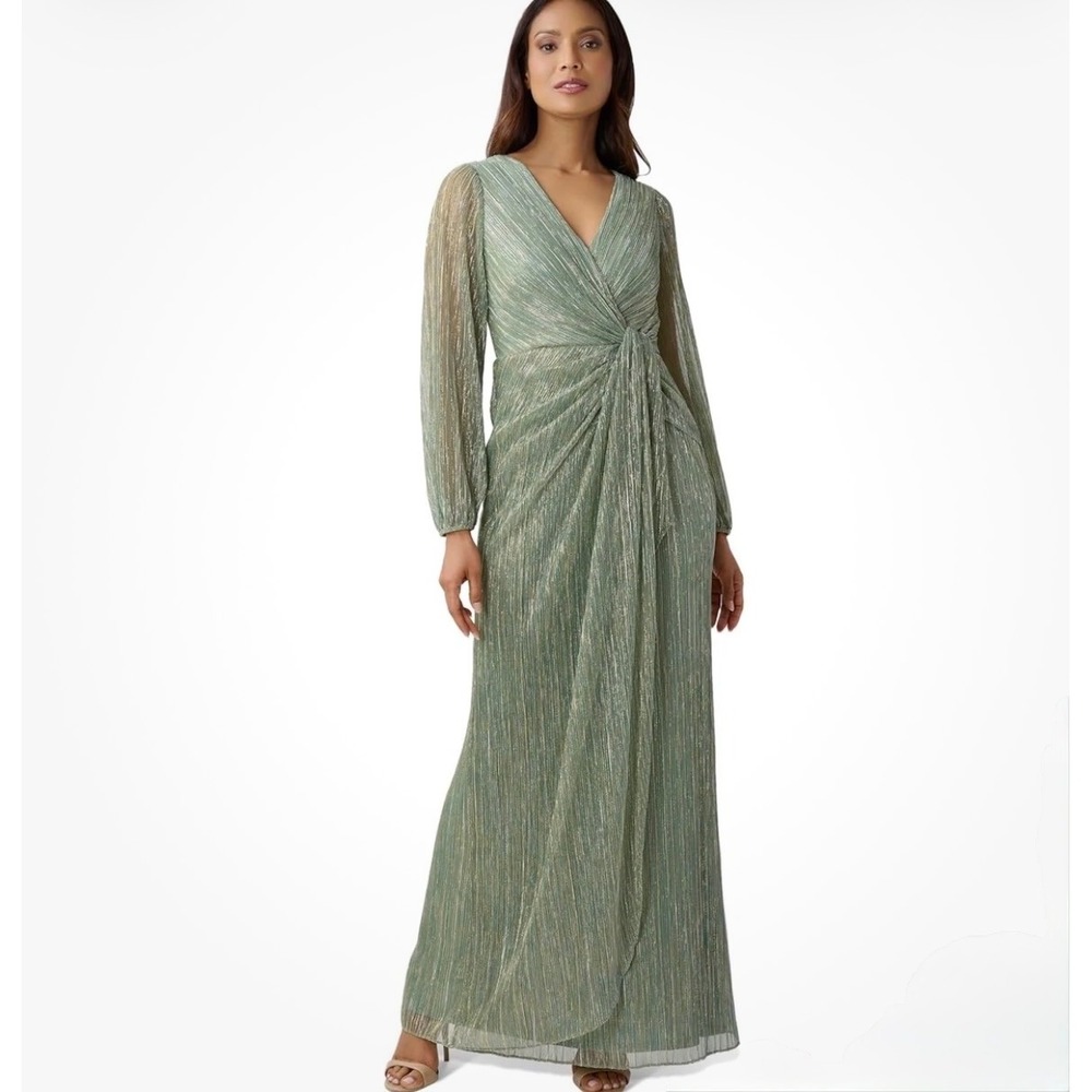 Adrianna Papell Maxi Dress Metallic Mesh Draped GREEN SLATE size 14 W